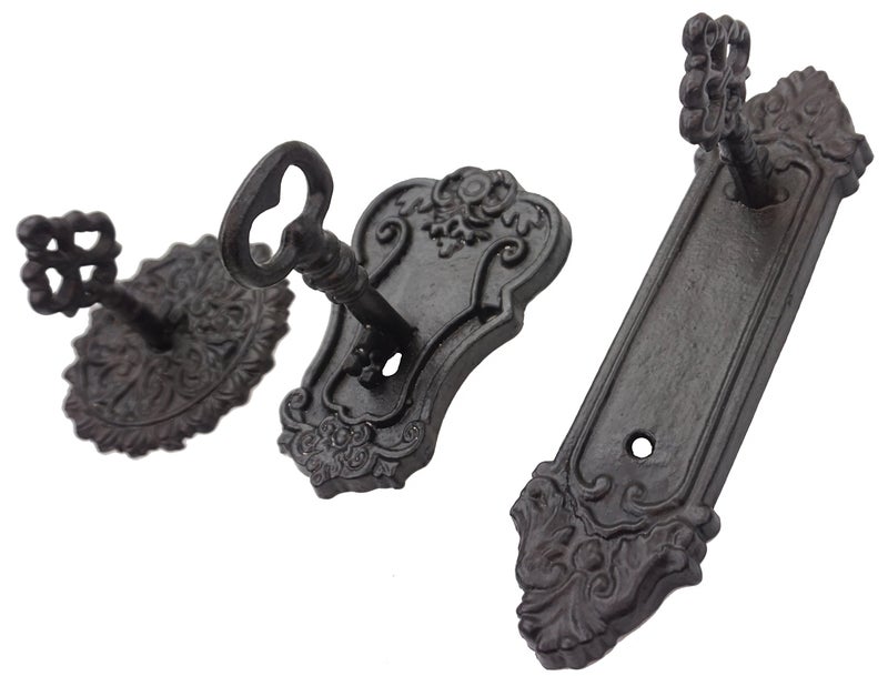 Lulu Decor, Cast Iron Antique Key Shaped Set of 3 Hooks, Strong Heavy Decorative Hooks in Black (Roman) - Image 1